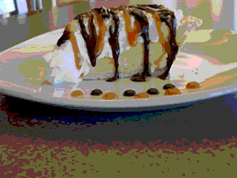 Coconut cream pie with a chocolate and caramel drizzle.